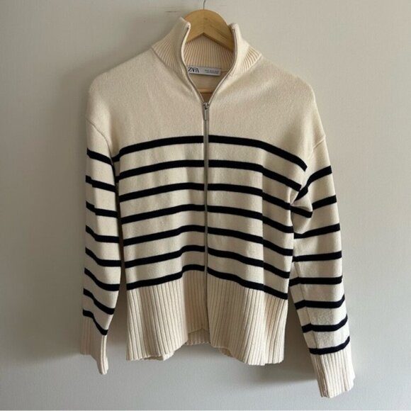 ZARA Zipped Striped Cream Cardigan Size S - Picture 6 of 9